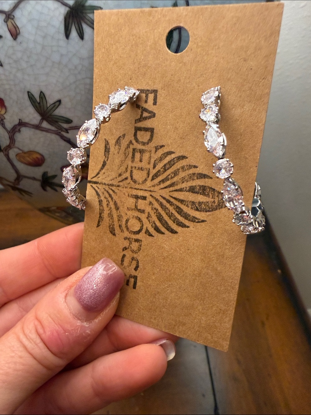 Faded Horse Pink Crystal Hoop Earrings - Silver-Tone